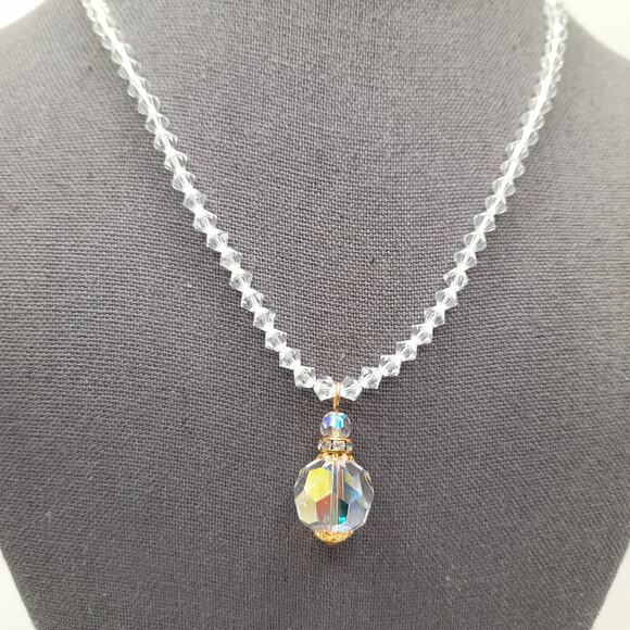 Vintage 1960s Crystal Faceted Pendant Necklace, AB Rhinestone Box Clasp, 17 Inch - Picture 3 of 11